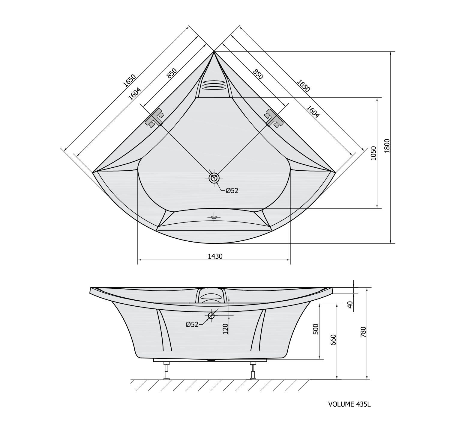 BERMUDA rohová vana s konstrukcí 165x165x49cm, bílá
